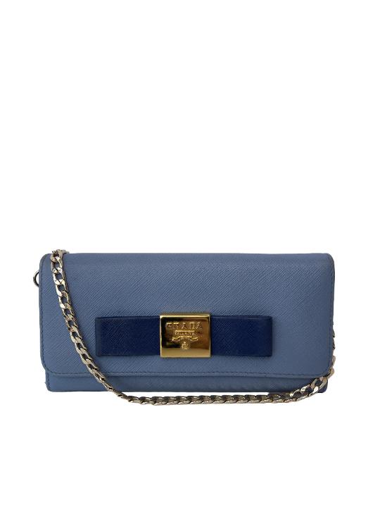 Prada Astral Blue Saffiano Lux Leather Wallet on Chain