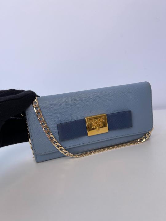 Prada Astral Blue Saffiano Lux Leather Wallet on Chain