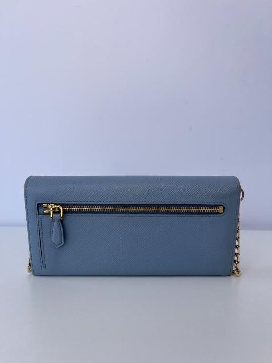Prada Astral Blue Saffiano Lux Leather Wallet on Chain