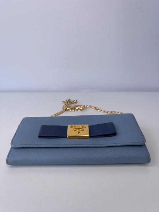 Prada Astral Blue Saffiano Lux Leather Wallet on Chain