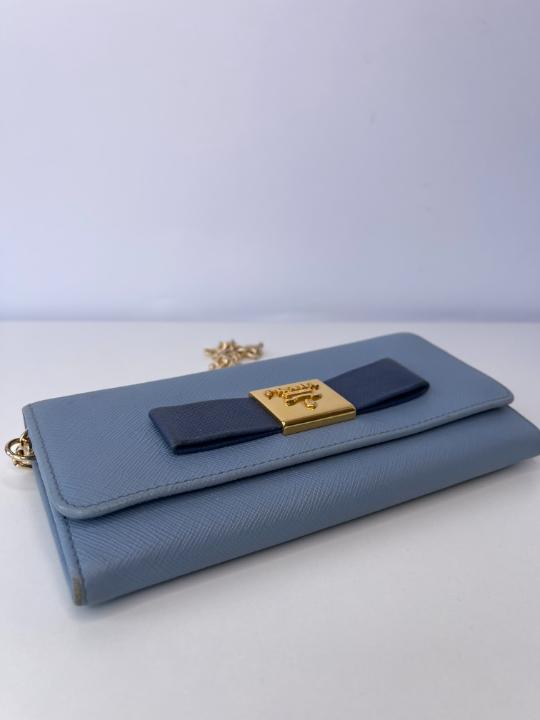 Prada Astral Blue Saffiano Lux Leather Wallet on Chain
