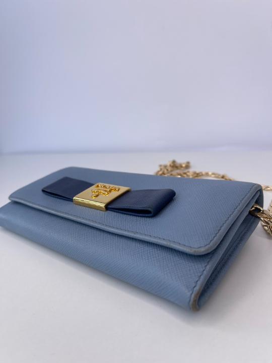 Prada Astral Blue Saffiano Lux Leather Wallet on Chain