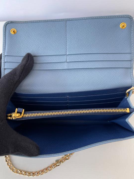 Prada Astral Blue Saffiano Lux Leather Wallet on Chain