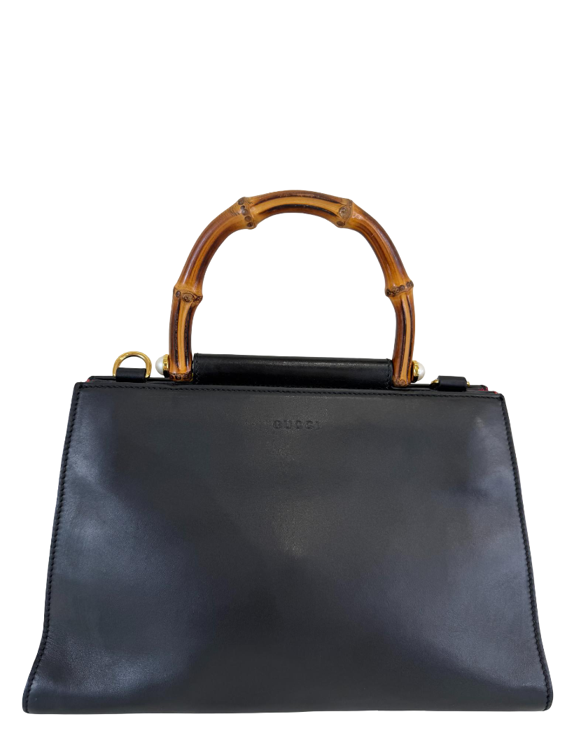 Gucci Black Smooth Calfskin Leather Nymphaea Medium Top Handle Bag