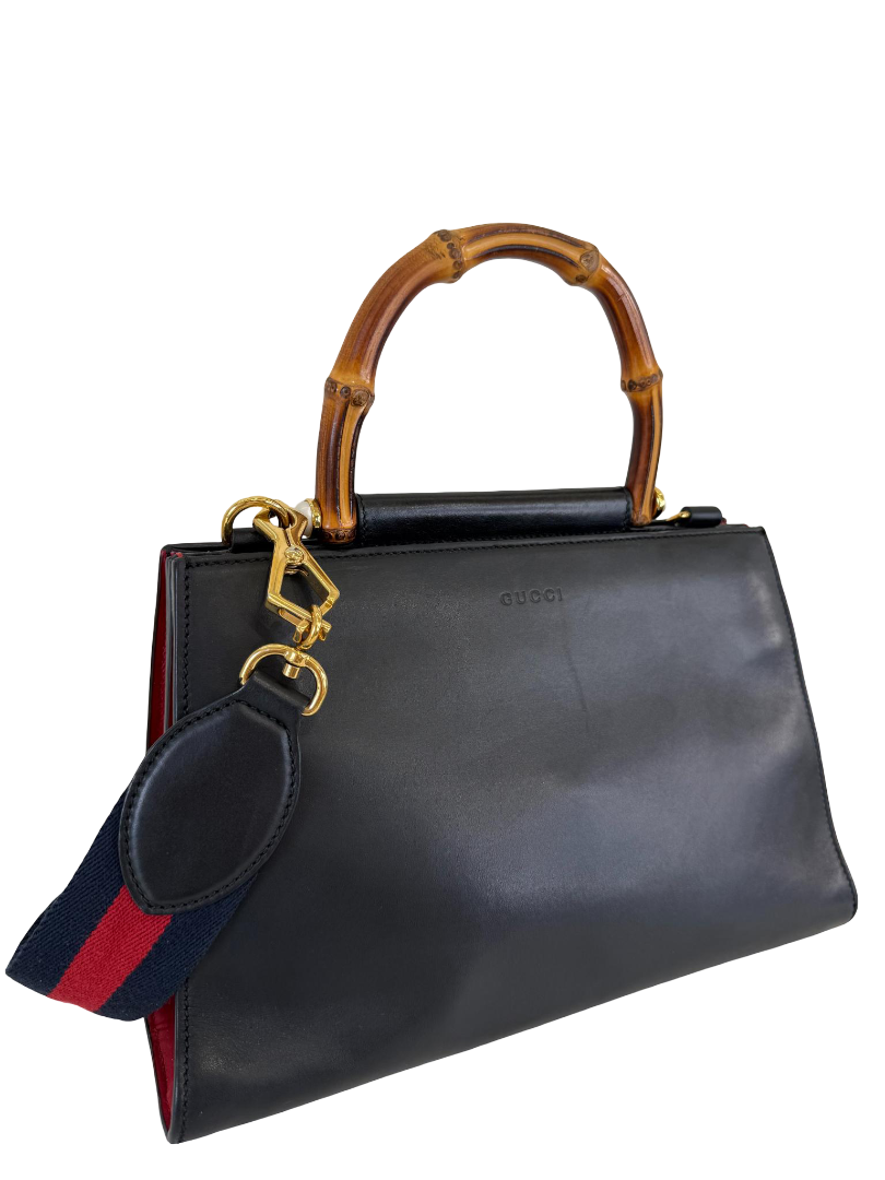 Gucci Black Smooth Calfskin Leather Nymphaea Medium Top Handle Bag