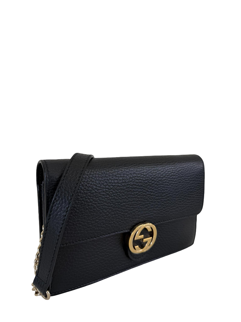 Gucci Black Interlocking G Chain Leather Wallet on Chain