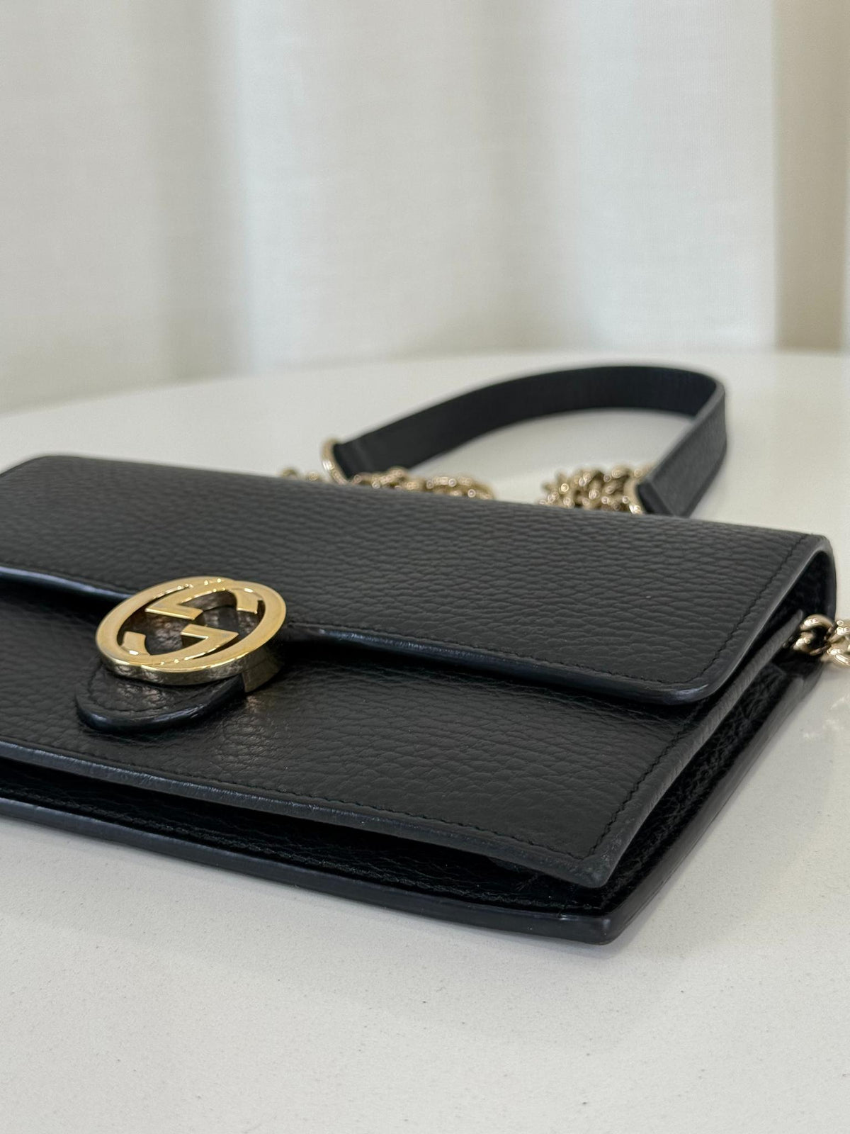 Gucci Black Interlocking G Chain Leather Wallet on Chain