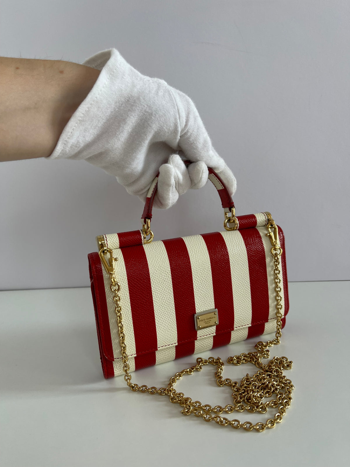 Dolce Gabbana Red/White Striped Leather Mini Sicily Von Bag