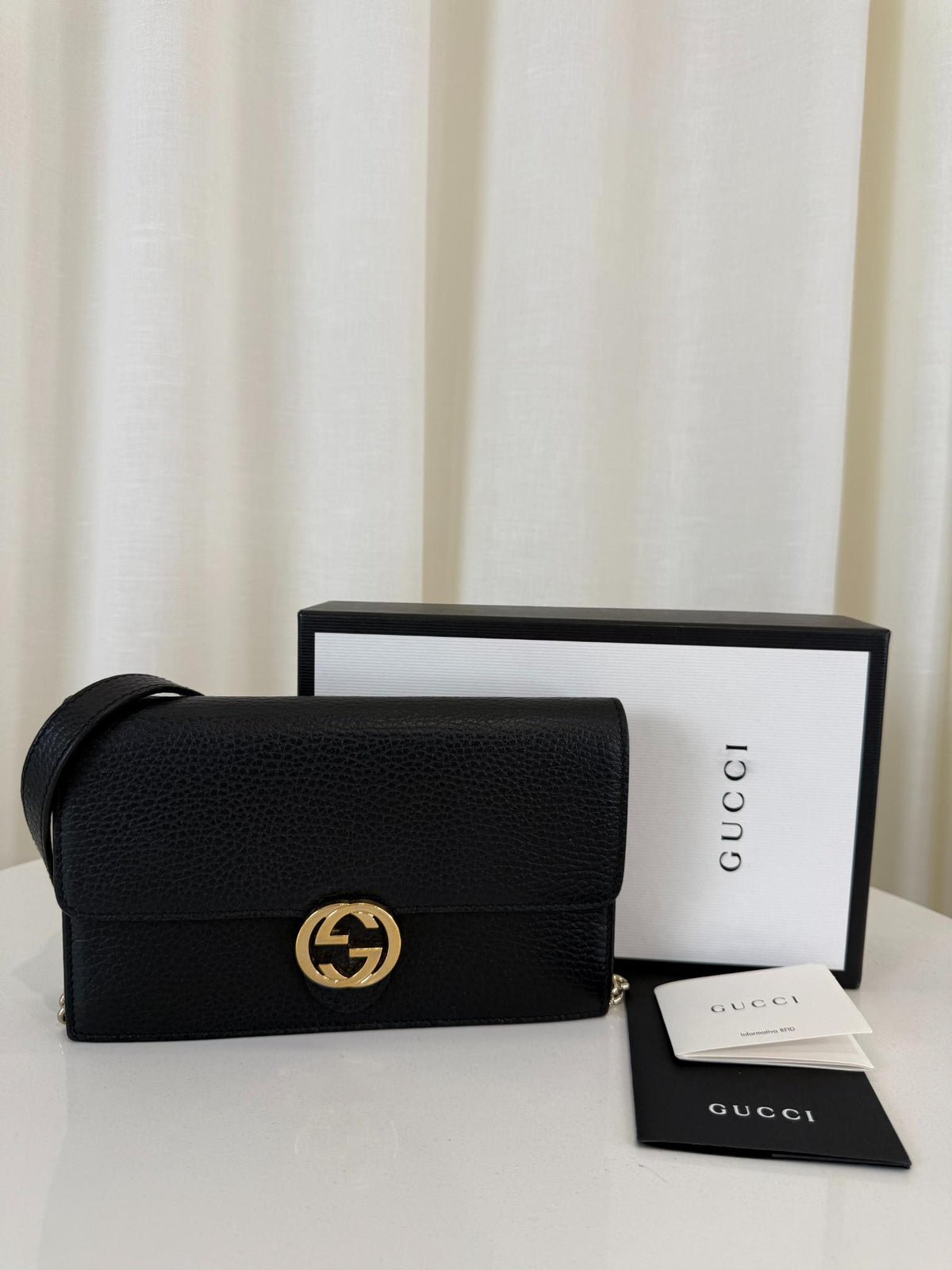 Gucci Black Interlocking G Chain Leather Wallet on Chain