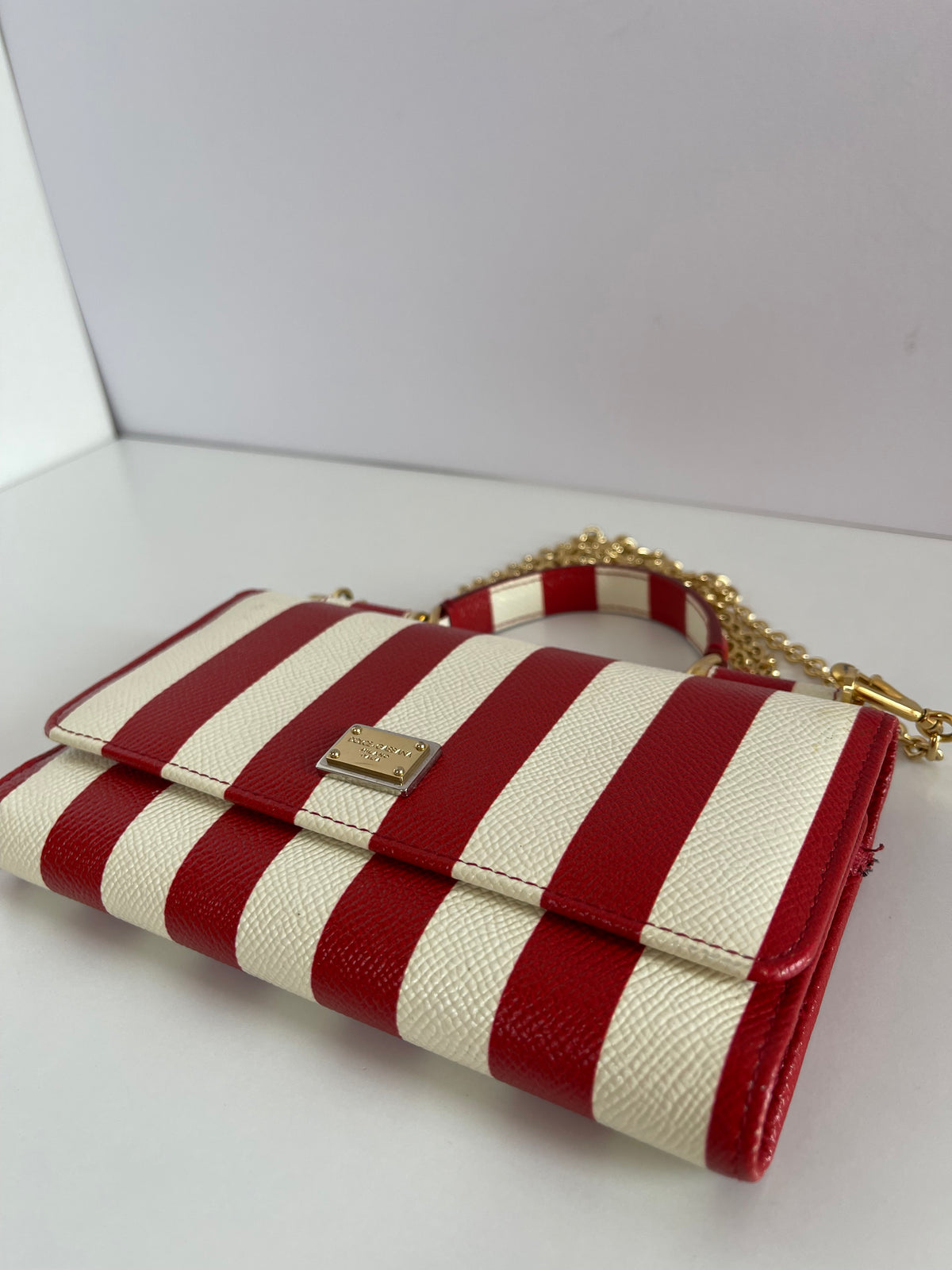 Dolce Gabbana Red/White Striped Leather Mini Sicily Von Bag