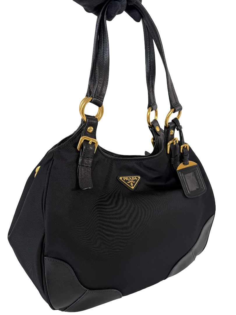 Prada Black Nylon and Leather Trim Shoulder Bag