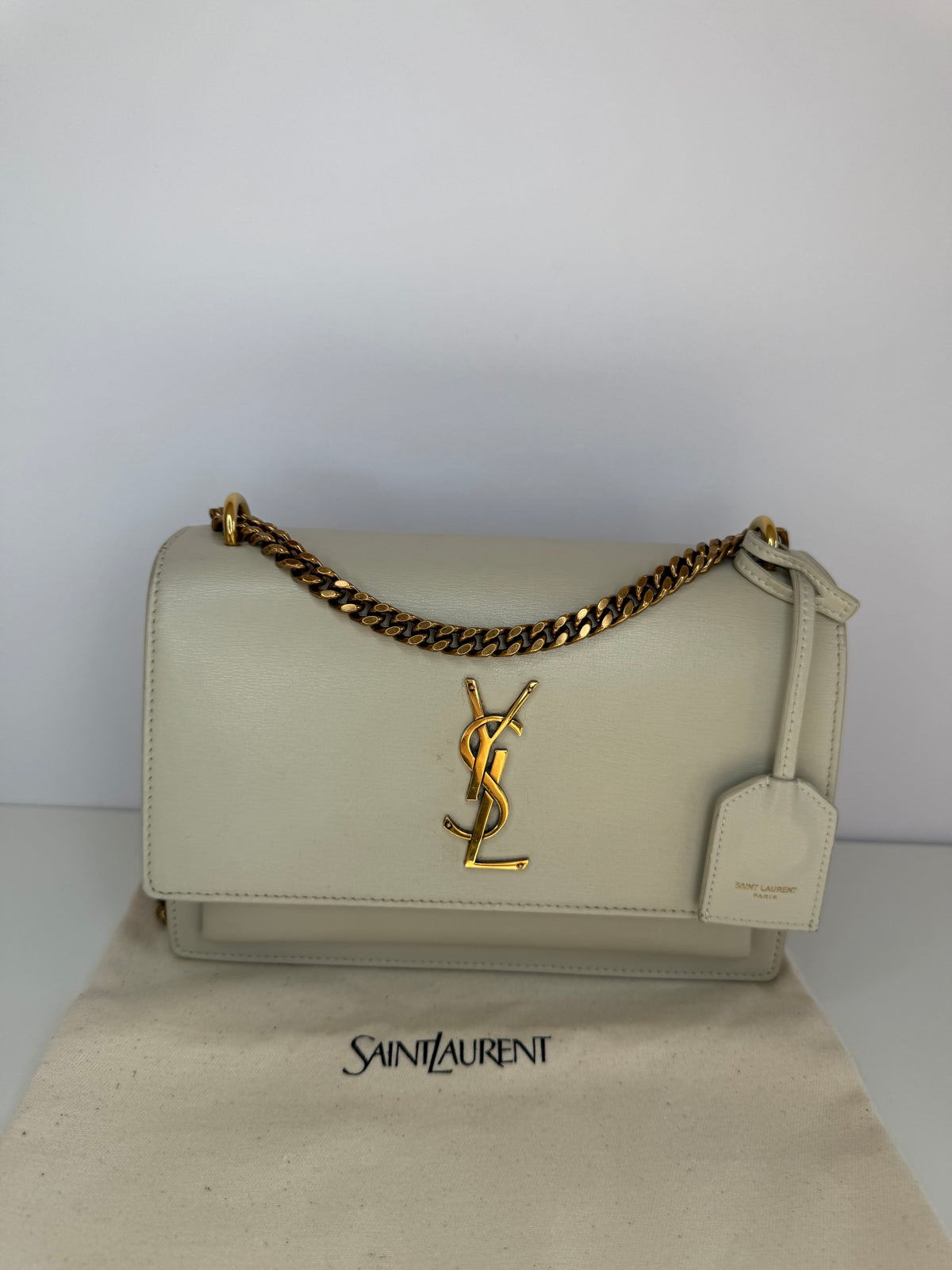 Saint Laurent Smooth Calfskin Medium Monogram Sunset Satchel Blanc Vintage