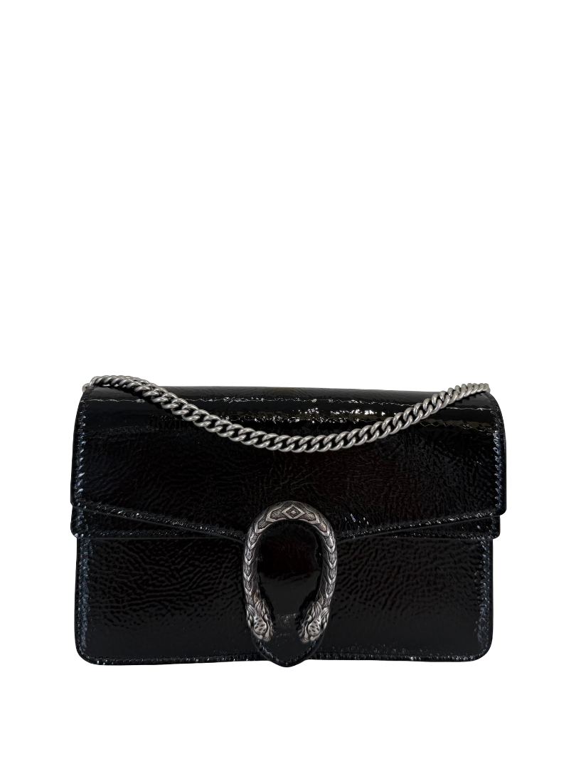 Gucci Mini Dionysus Black Crinkled Patent Leather Bag