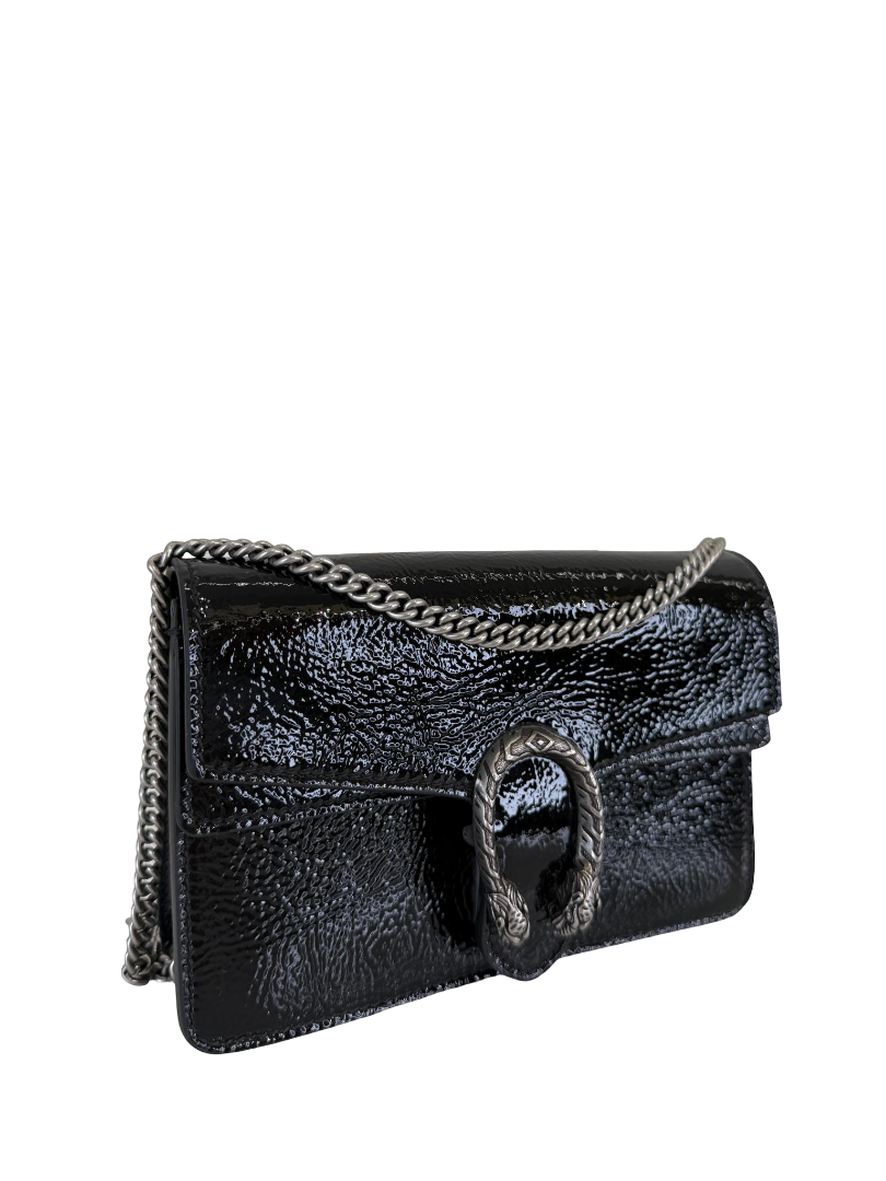 Gucci Mini Dionysus Black Crinkled Patent Leather Bag