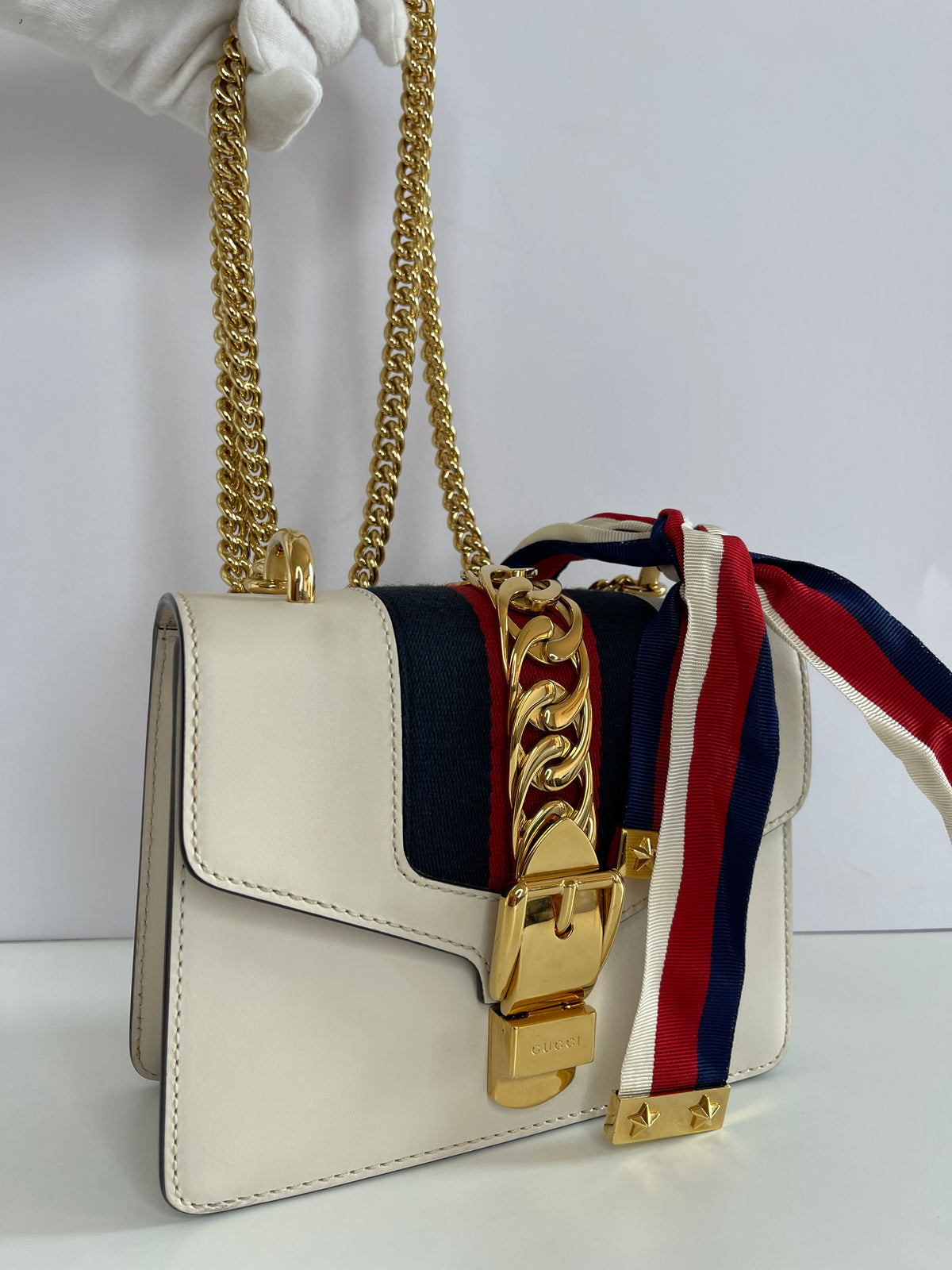 Gucci Off White Leather Mini Sylvie Web Chain Crossbody Bag