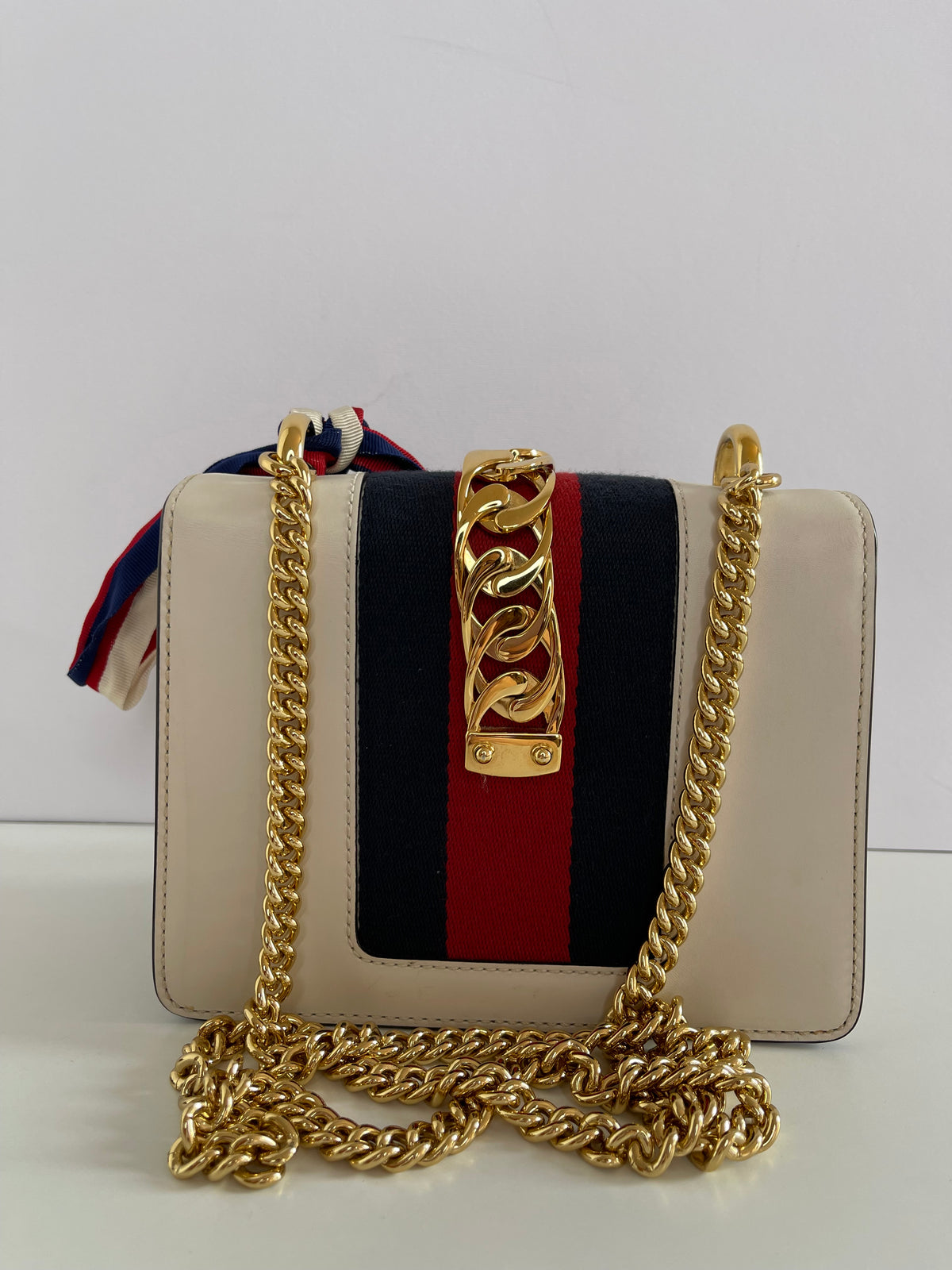 Gucci Off White Leather Mini Sylvie Web Chain Crossbody Bag