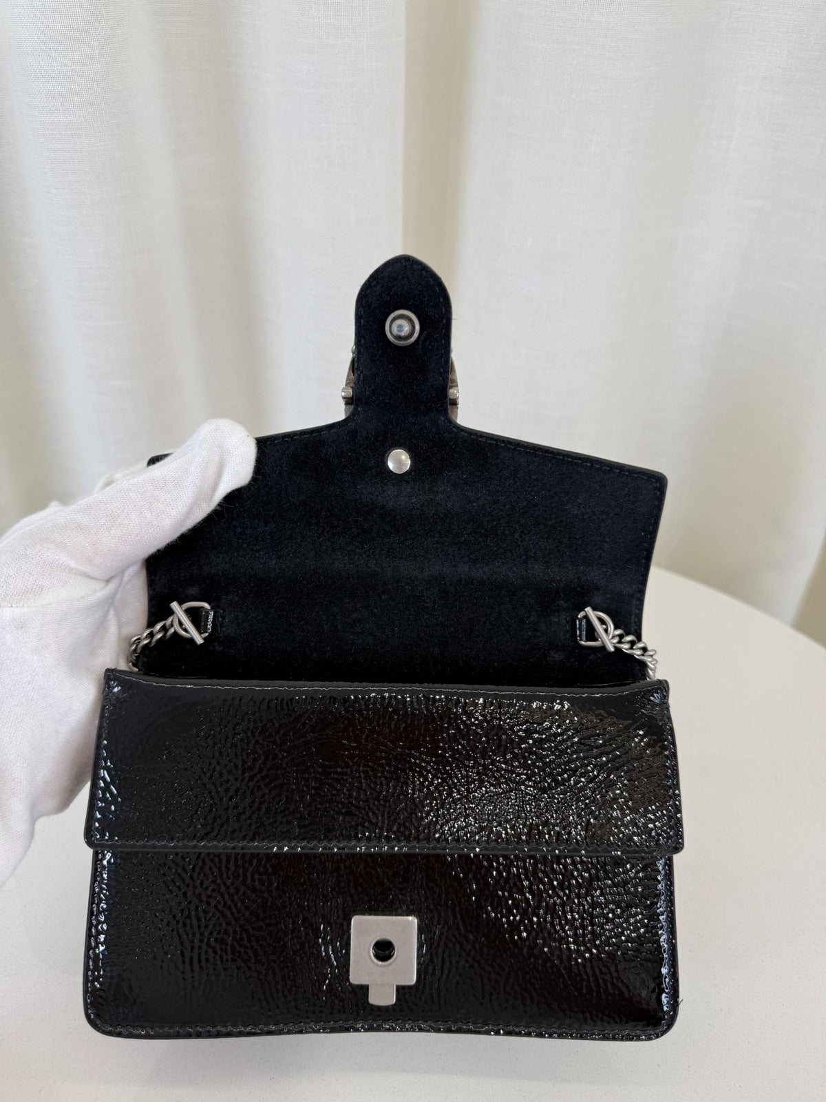 Gucci Mini Dionysus Black Crinkled Patent Leather Bag