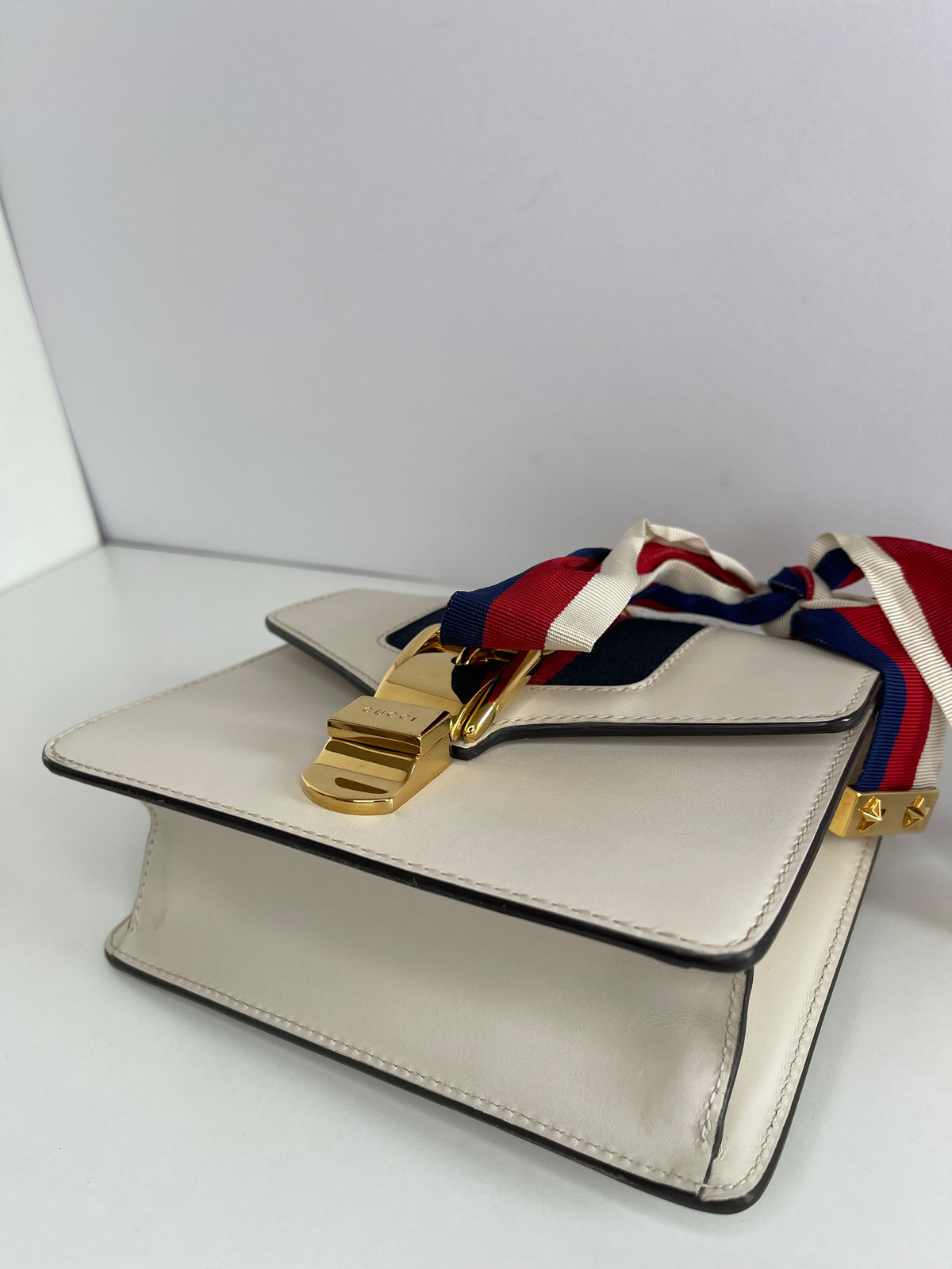 Gucci Off White Leather Mini Sylvie Web Chain Crossbody Bag