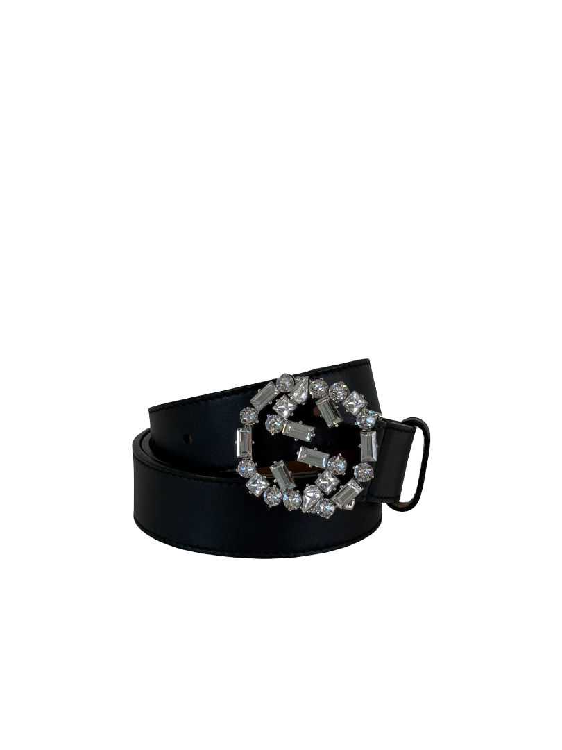 Gucci Black Leather Crystal Embellished Interlocking G Buckle Belt