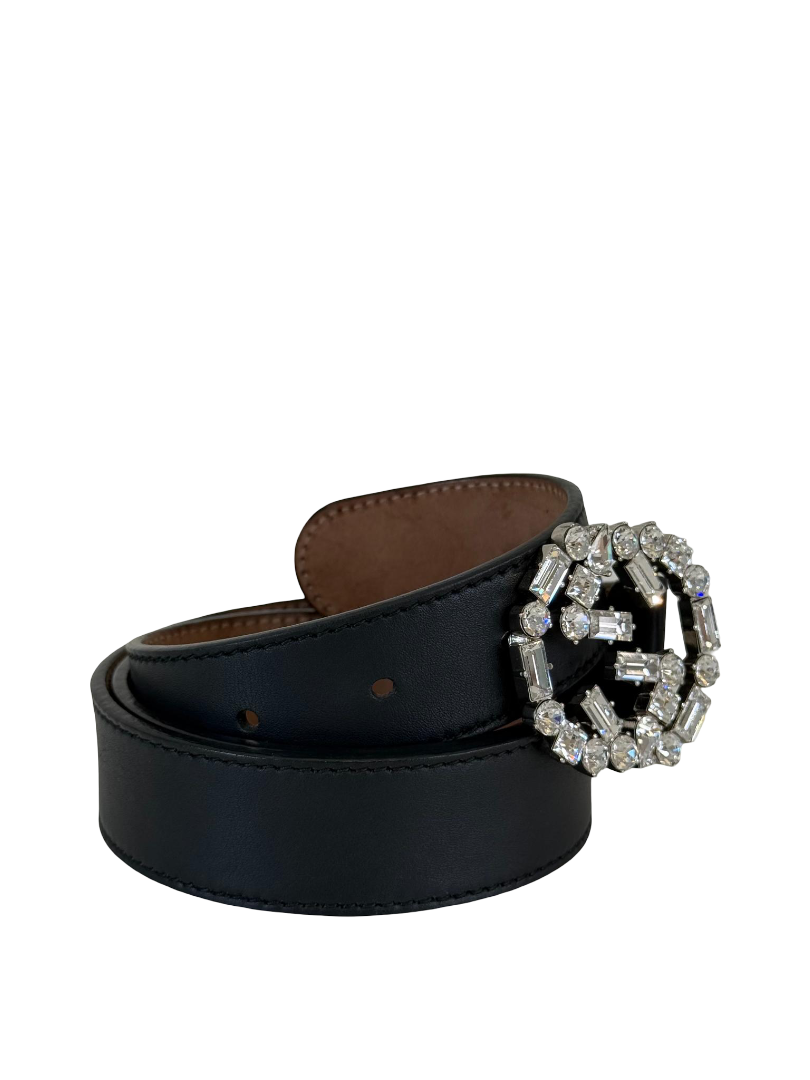 Gucci Black Leather Crystal Embellished Interlocking G Buckle Belt
