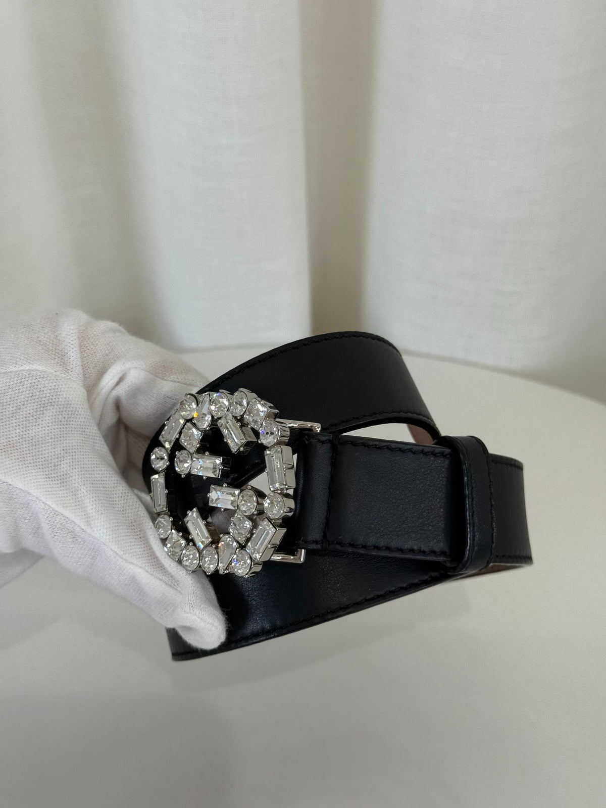 Gucci Black Leather Crystal Embellished Interlocking G Buckle Belt