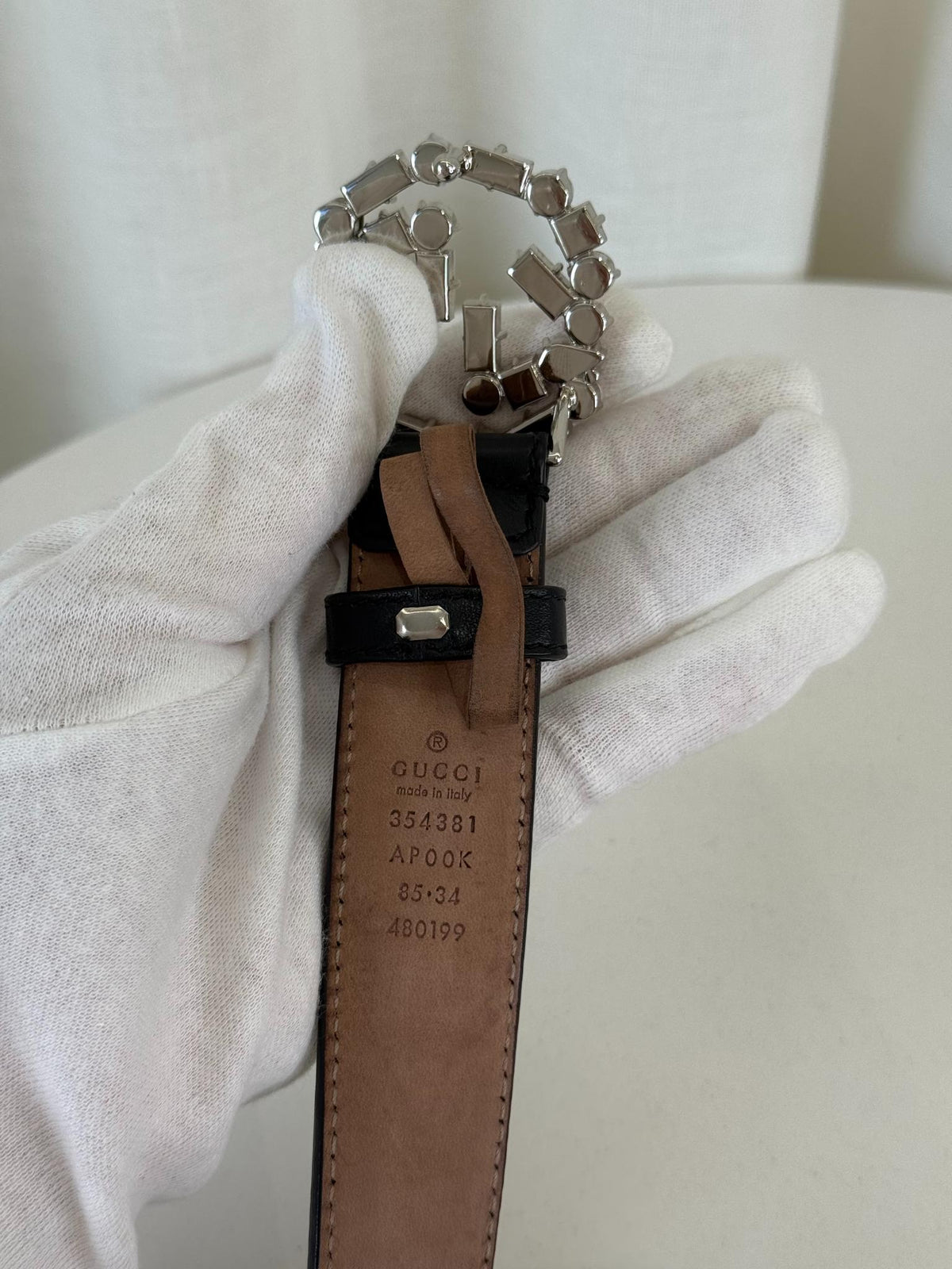 Gucci Black Leather Crystal Embellished Interlocking G Buckle Belt