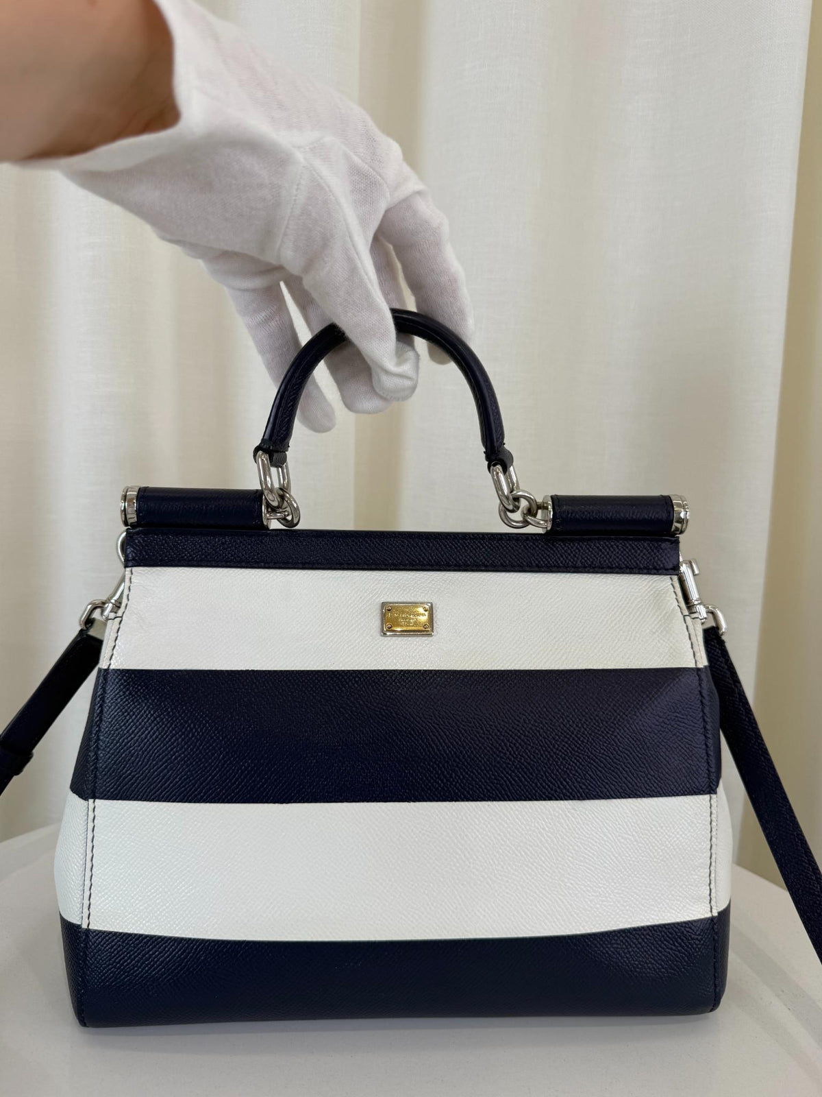 Dolce Gabbana Medium Miss Sicily Striped Leather Top Handle