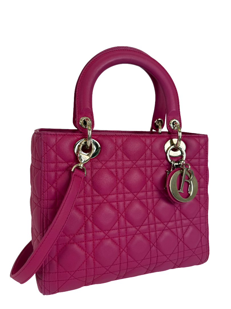 Christian Dior Medium Lady Dior Fuchsia Lambskin Cannage Leather