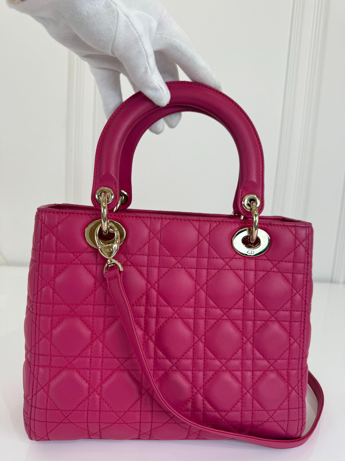 Christian Dior Medium Lady Dior Fuchsia Lambskin Cannage Leather