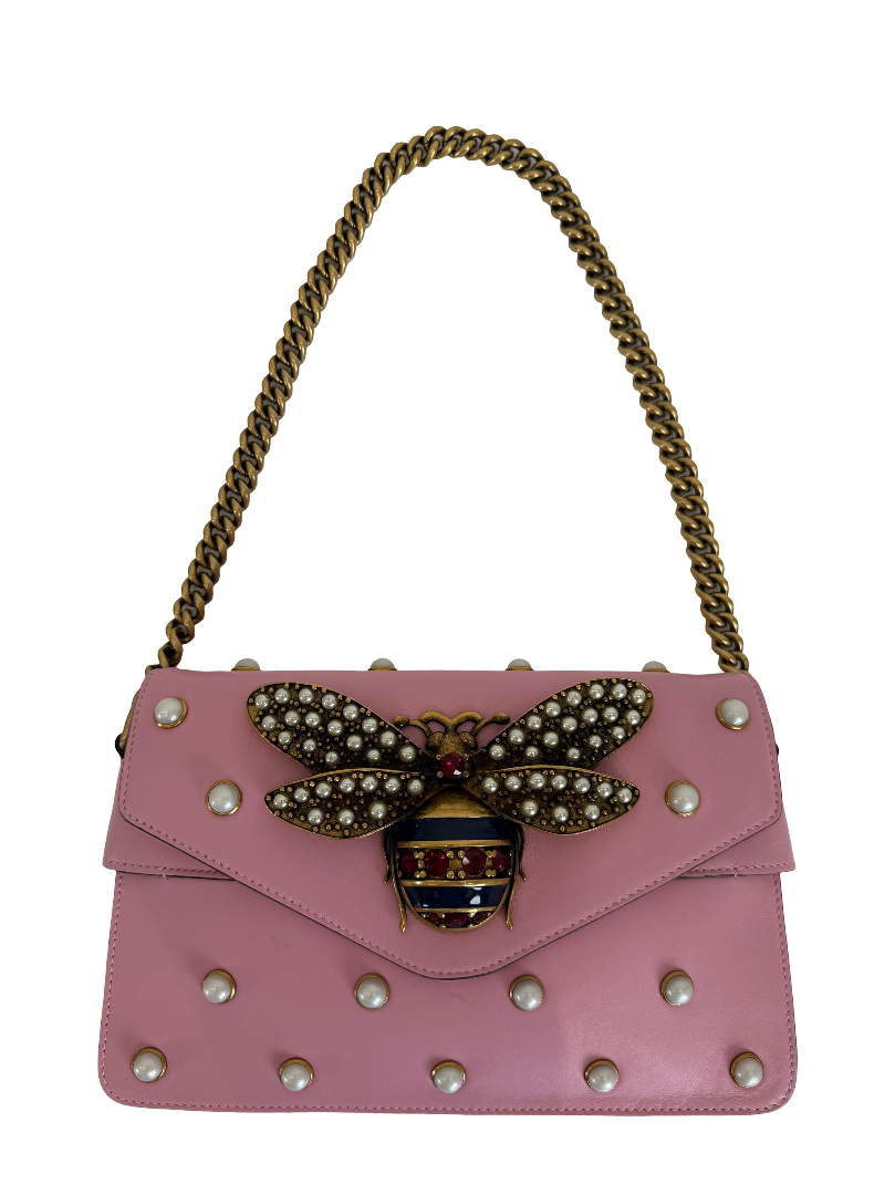 Gucci Pink Leather Pearl Studded Queen Margaret Broadway Shoulder Bag