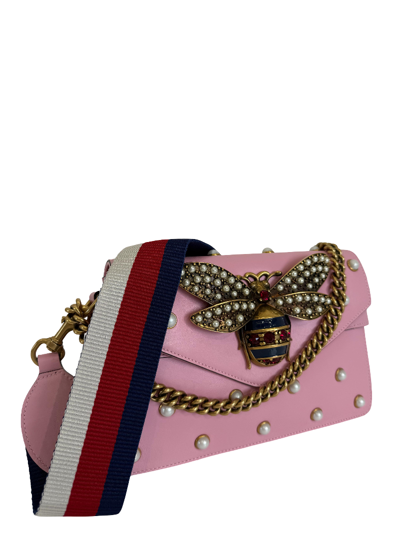 Gucci Pink Leather Pearl Studded Queen Margaret Broadway Shoulder Bag