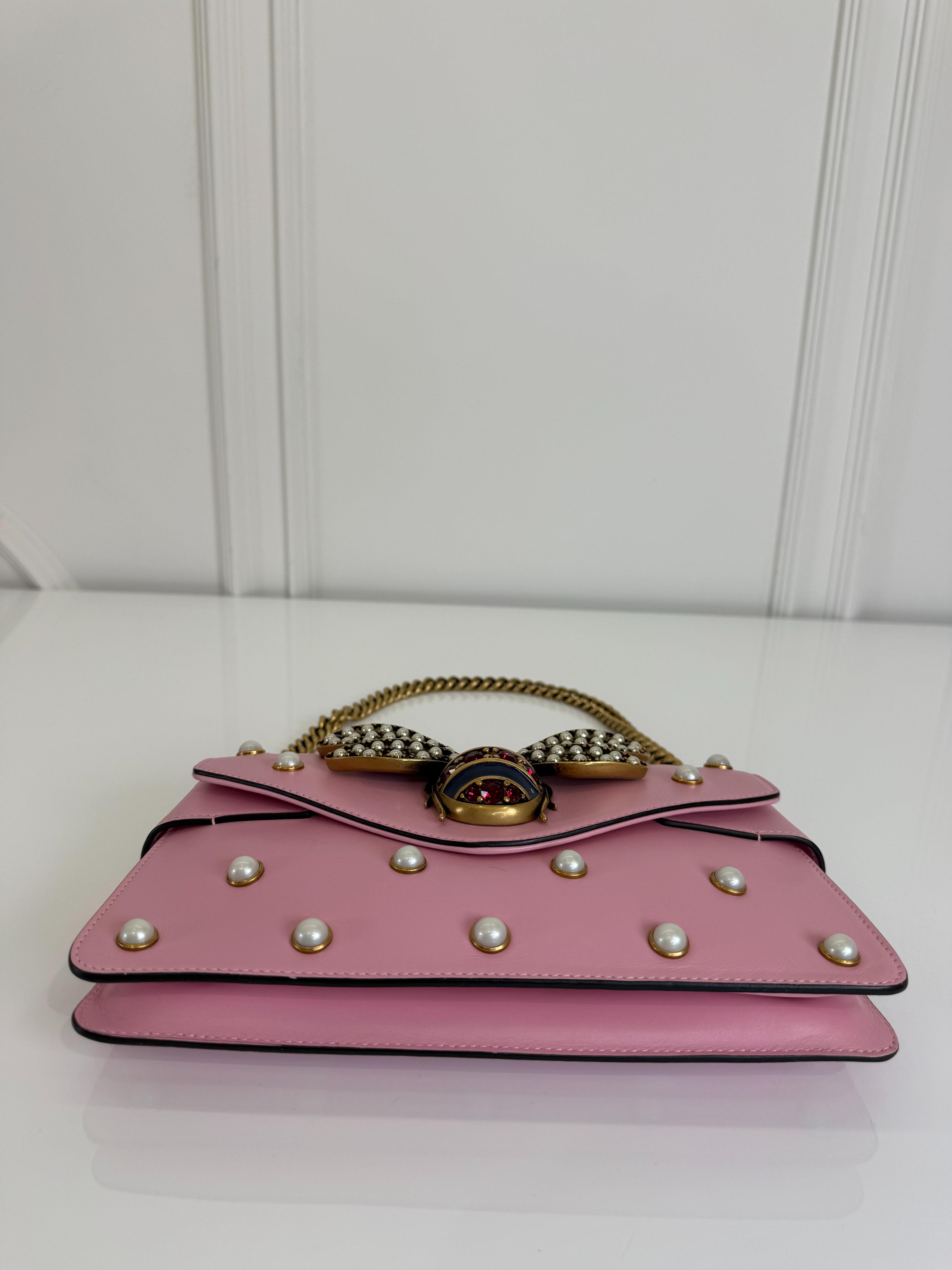 Gucci Pink Leather Pearl Studded Queen Margaret Broadway Shoulder Bag