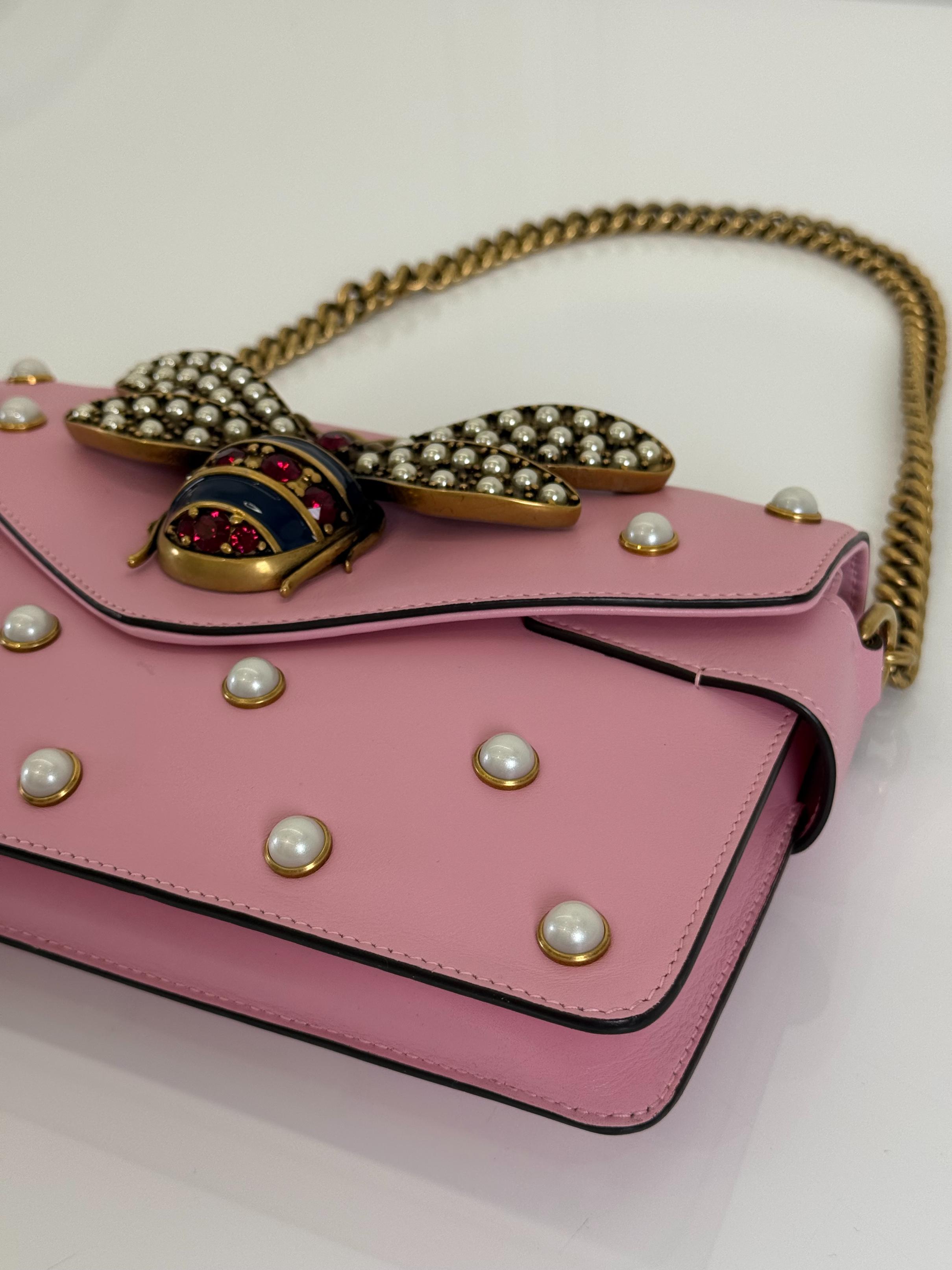 Gucci Pink Leather Pearl Studded Queen Margaret Broadway Shoulder Bag