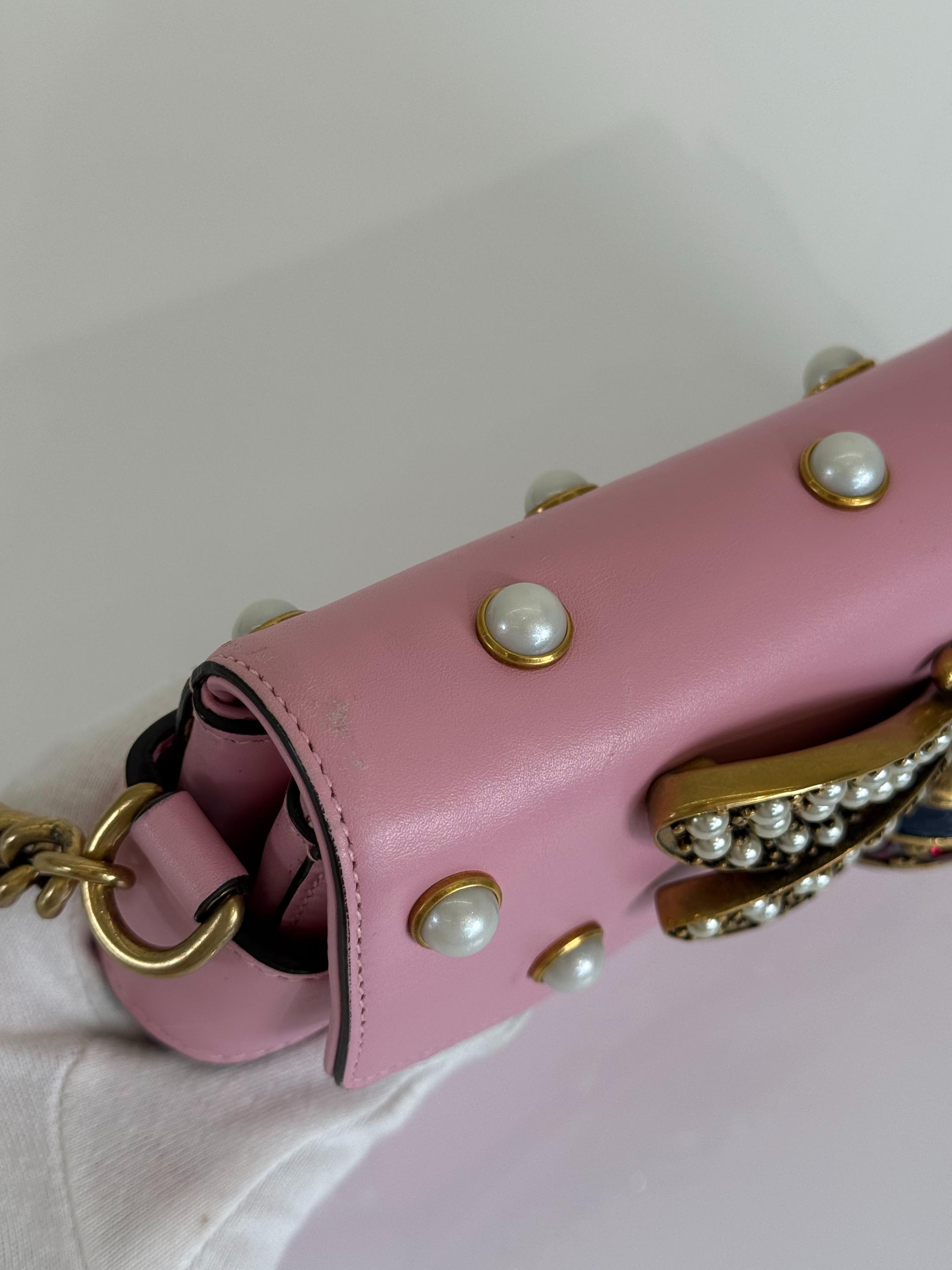 Gucci Pink Leather Pearl Studded Queen Margaret Broadway Shoulder Bag