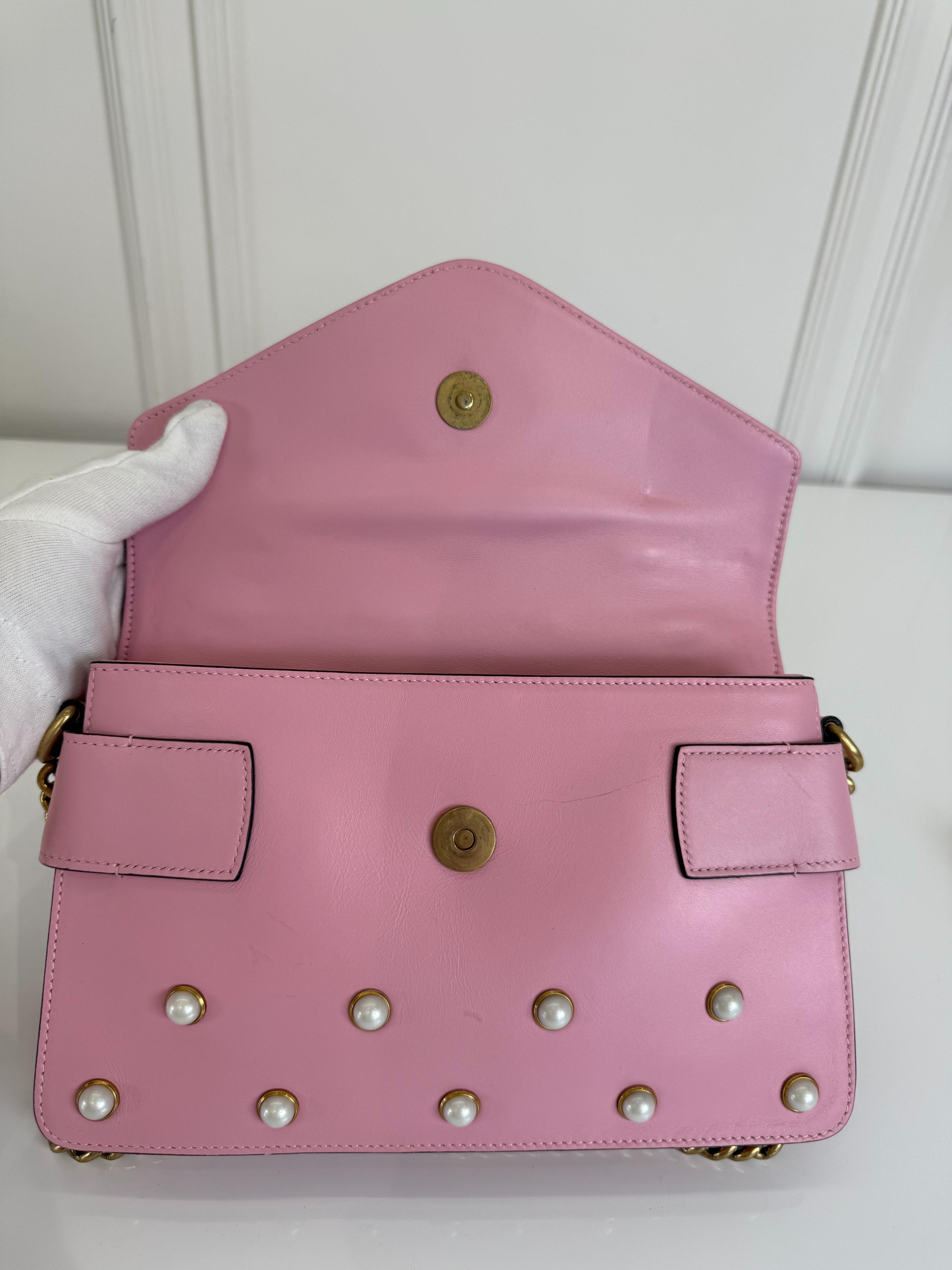 Gucci Pink Leather Pearl Studded Queen Margaret Broadway Shoulder Bag