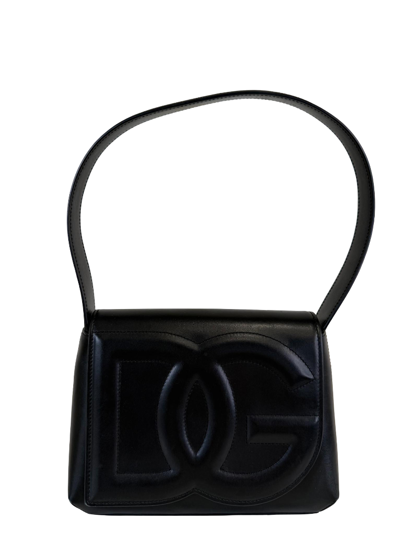 Dolce Gabbana DG Logo Embossed Black Leather Shoulder Bag