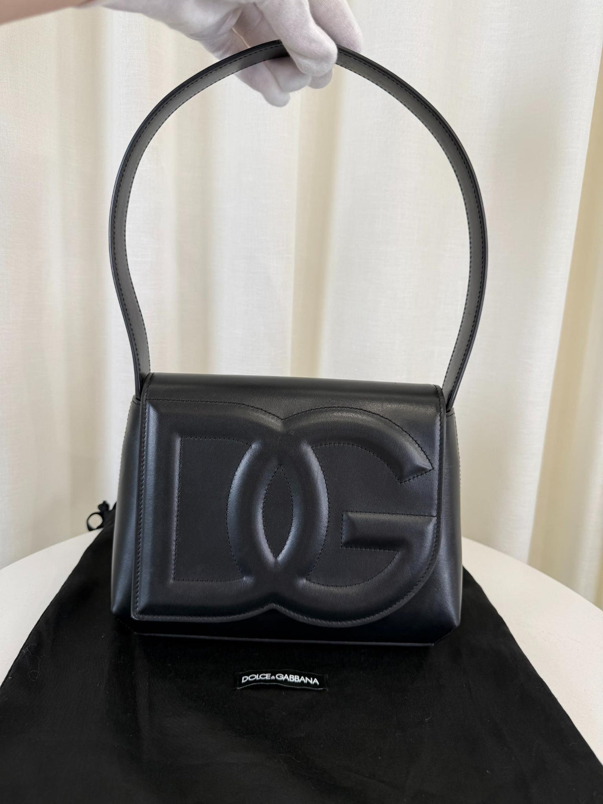 Dolce Gabbana DG Logo Embossed Black Leather Shoulder Bag