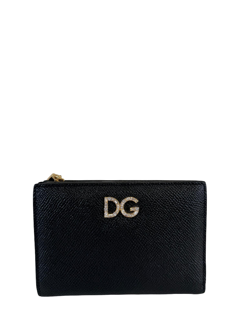 Dolce Gabbana Small Dauphine Calfskin Wallet With Rhinestone Detailed DG Logo