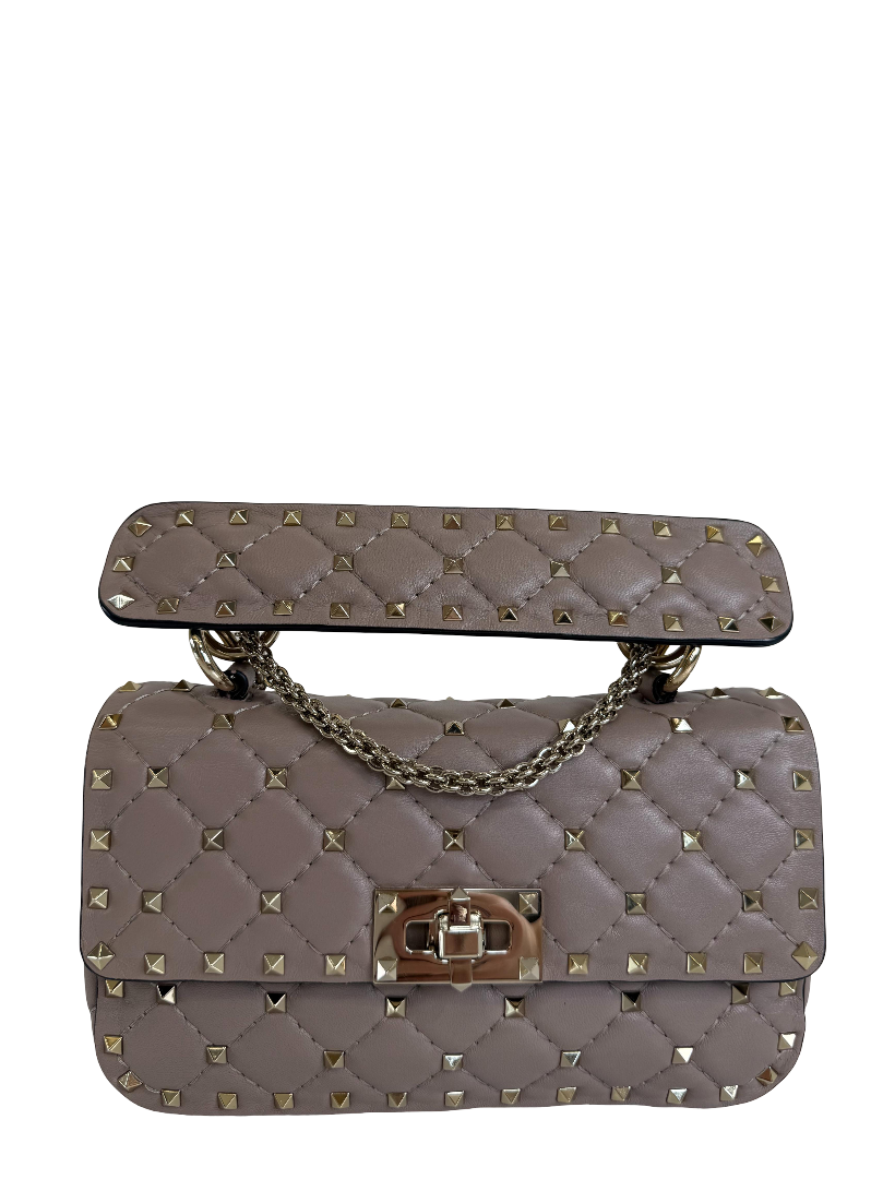 Valentino Garavani Small Rockstud Spike Bag Beige Quilted Nappa Leather