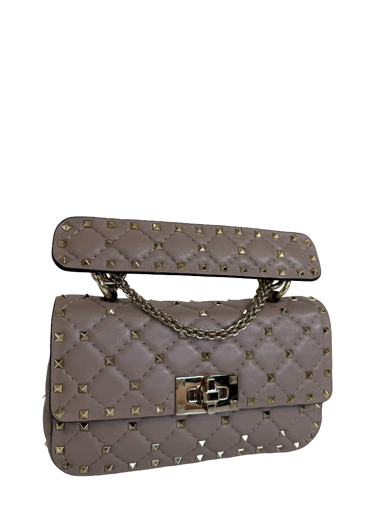 Valentino Garavani Small Rockstud Spike Bag Beige Quilted Nappa Leather