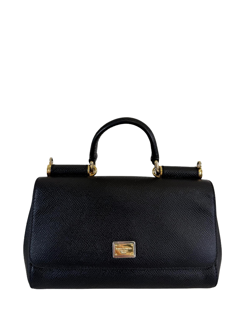 Dolce Gabbana Black Dauphine Leather Old Mini Miss Sicily Top Handle Bag