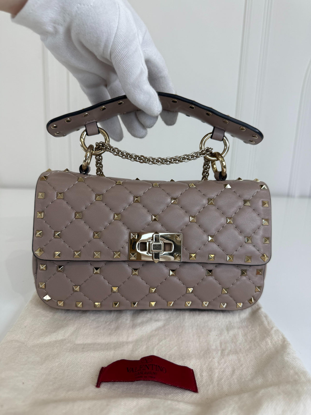 Valentino Garavani Small Rockstud Spike Bag Beige Quilted Nappa Leather