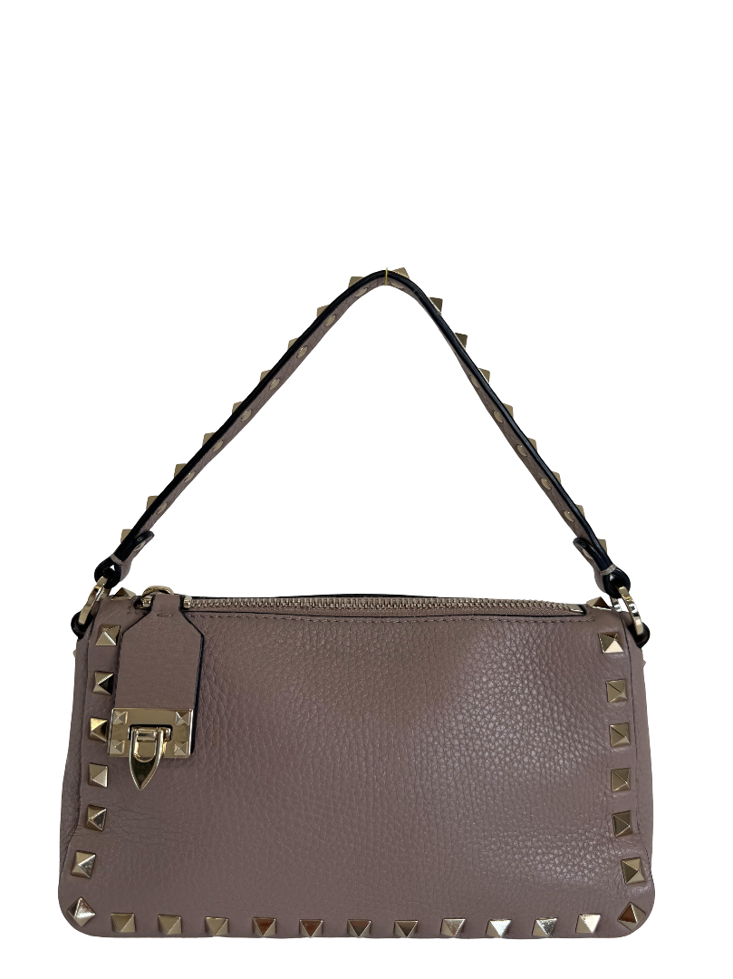Valentino Garavani Rockstud Beige Grained Leather Small Shoulder Bag