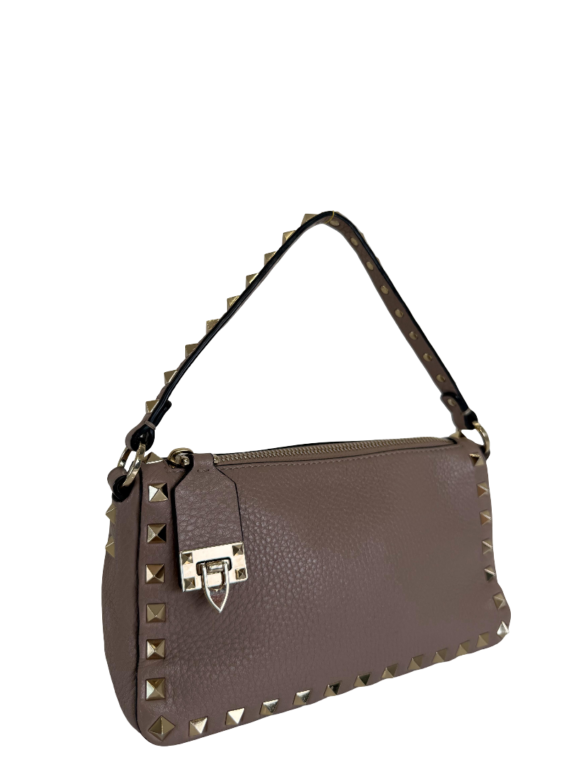 Valentino Garavani Rockstud Beige Grained Leather Small Shoulder Bag