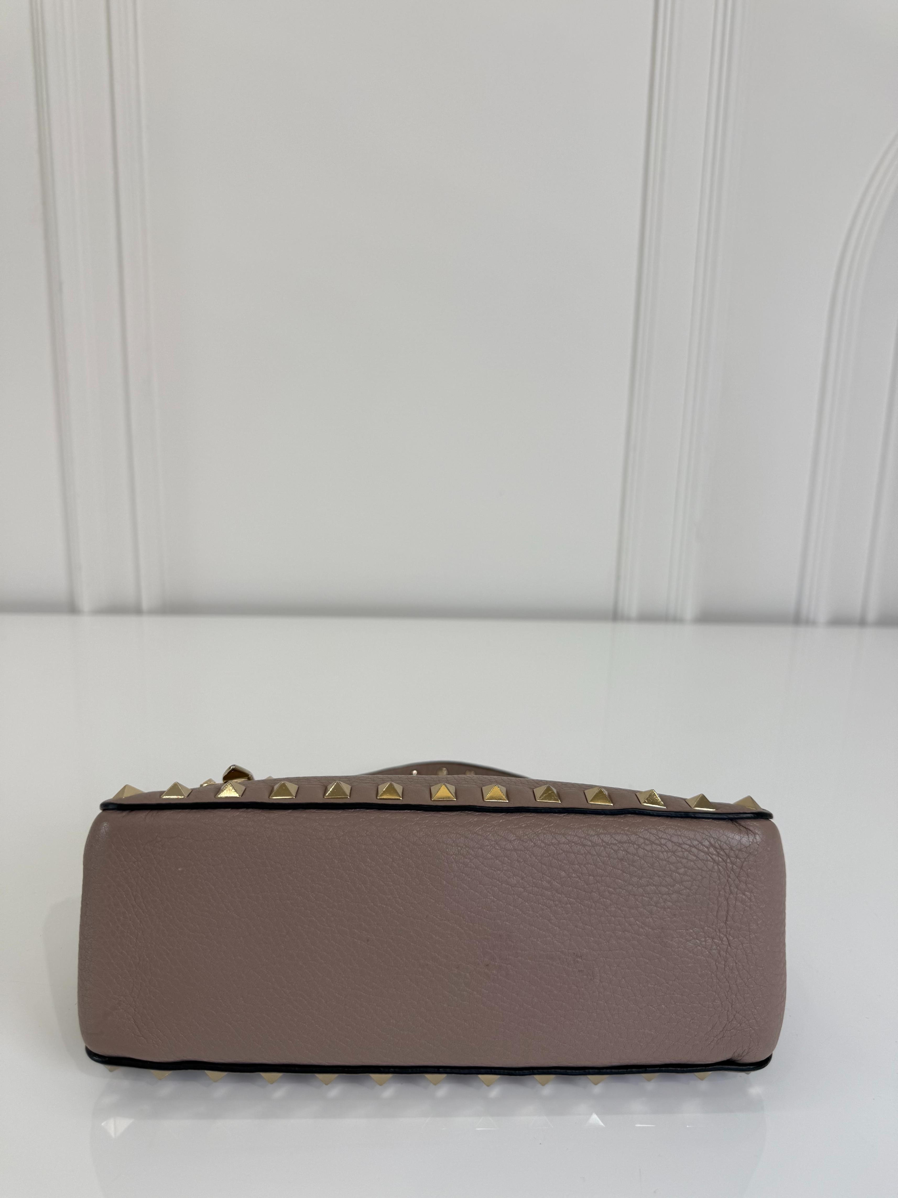 Valentino Garavani Rockstud Beige Grained Leather Small Shoulder Bag