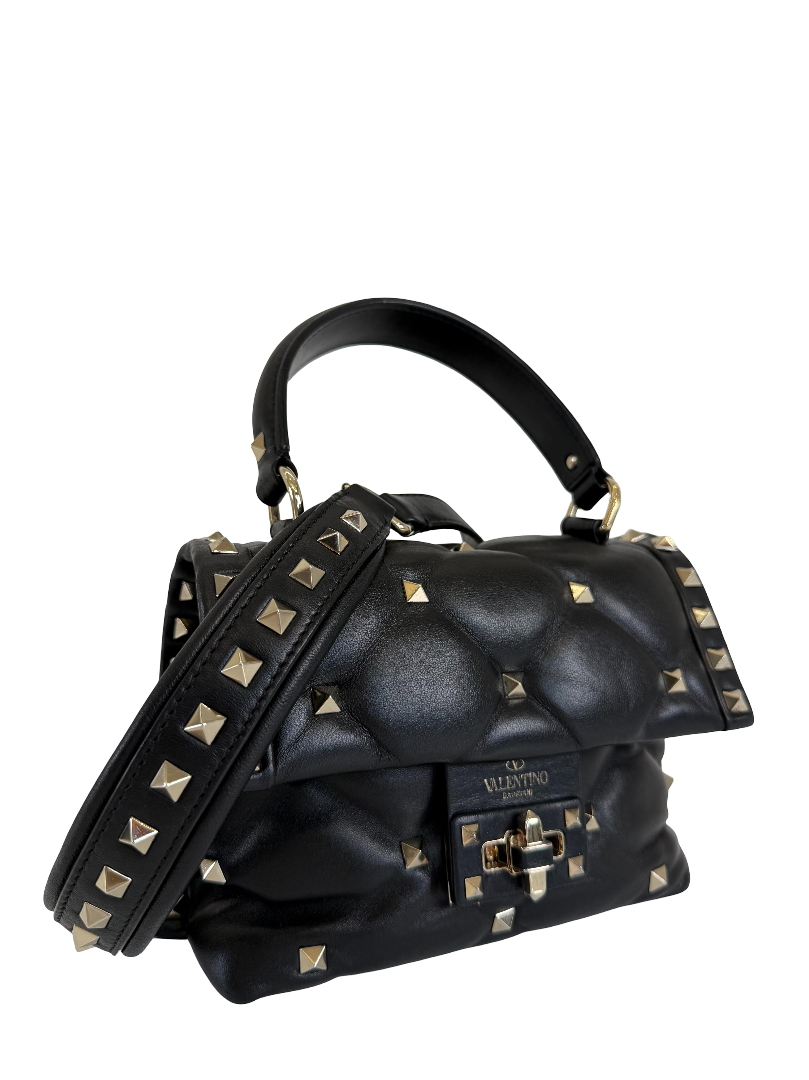 Valentino Black Quilted Lambskin Leather Candystud Mini Flap Bag