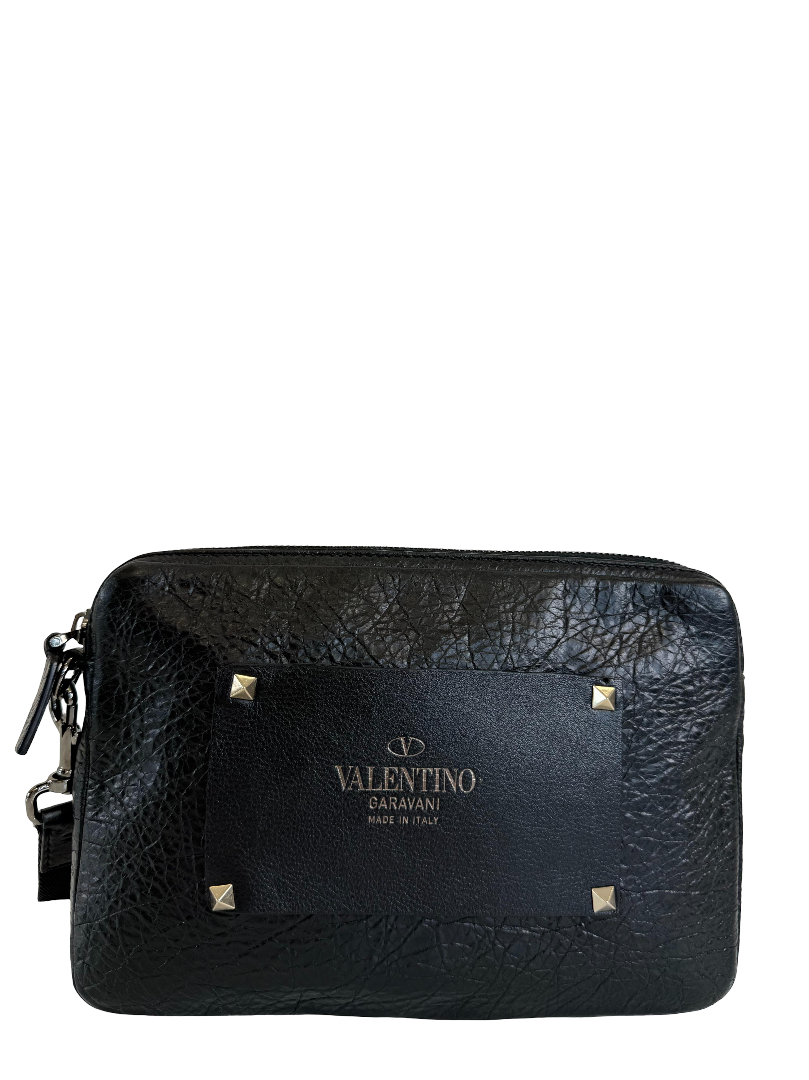 Valentino Garavani Rockstud Black Leather Wristlet Pouch