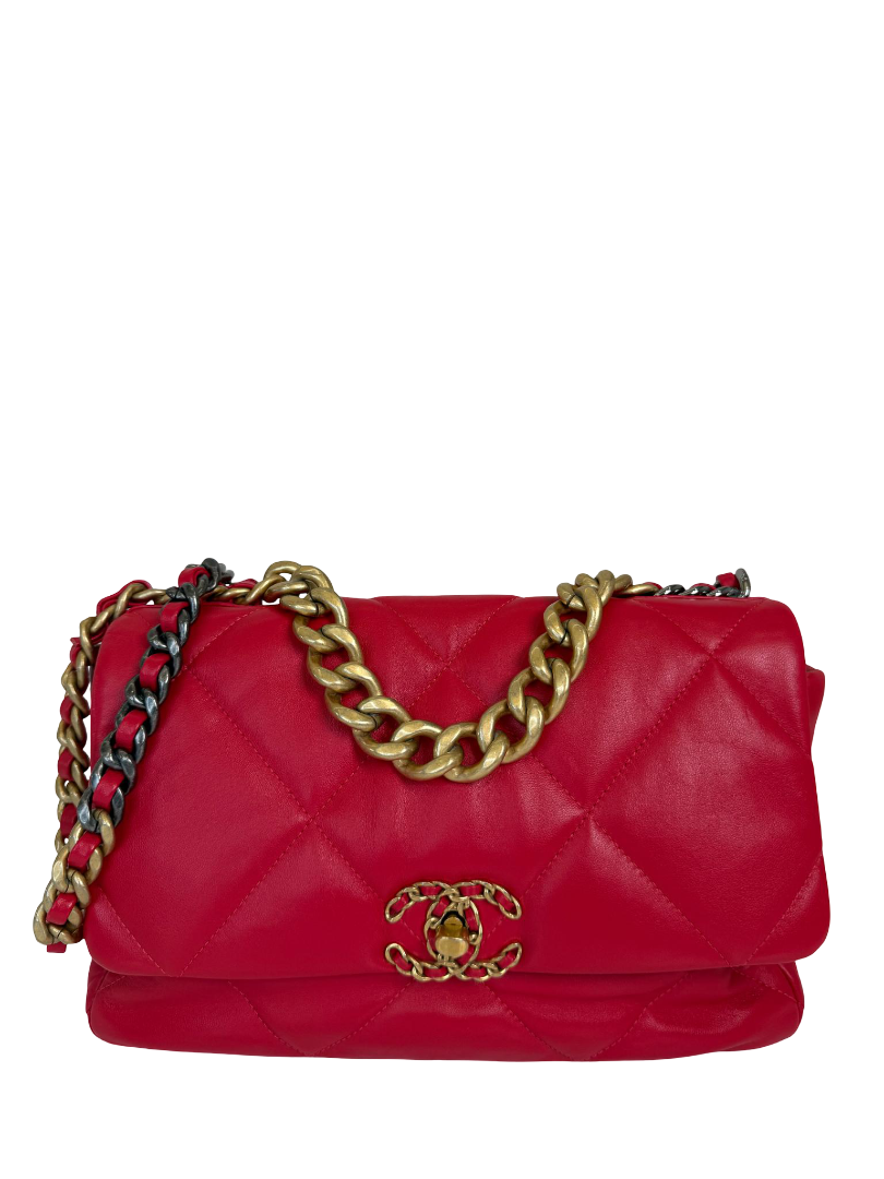 Chanel 19 Red Quilted Calfskin Medium Flap Gold/Ruthenium Hardware