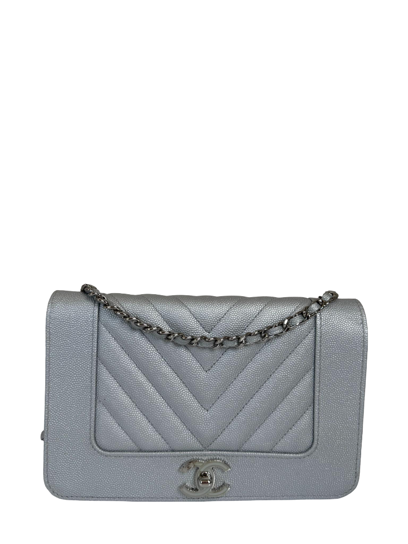 Chanel Metallic Silver Mademoiselle Chevron Wallet on Chain