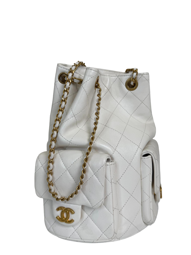 Chanel White Lambskin Matelasse Chain Drawstring Backpack